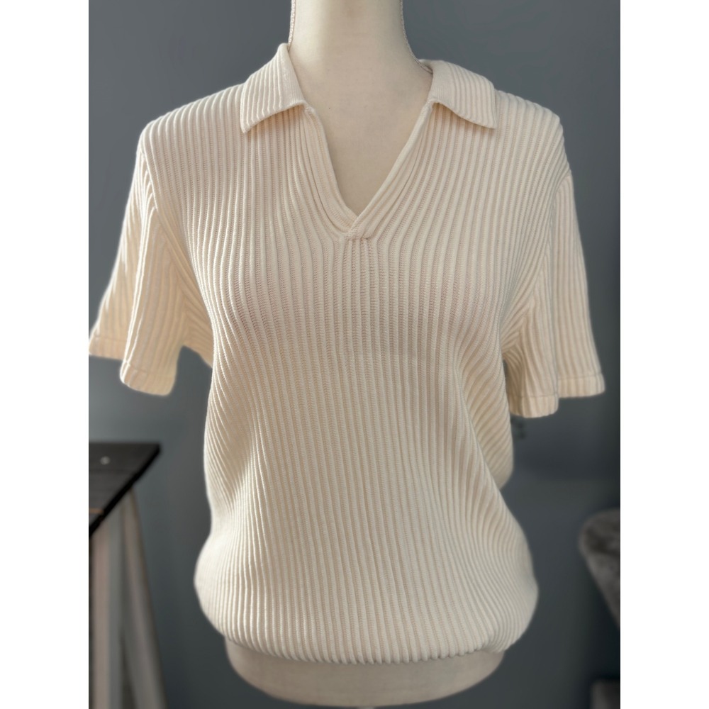 Abercrombie & Fitch Mens Cream Ribbed Short Sleeve V-Neck‎ Sweater Polo Small